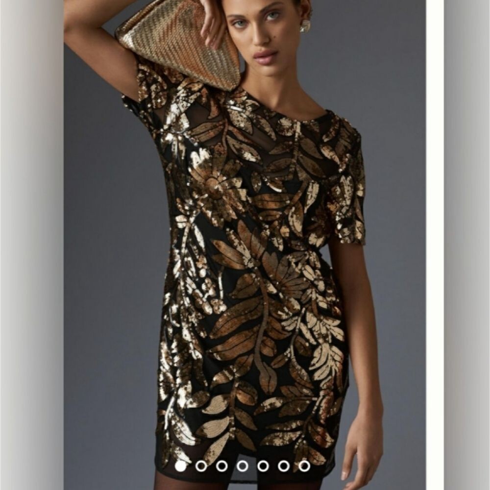 Maeve Anthropologie Short Sleeve Sheer Embellished Mini Dress Black Gold Size SP - Picture 7 of 15